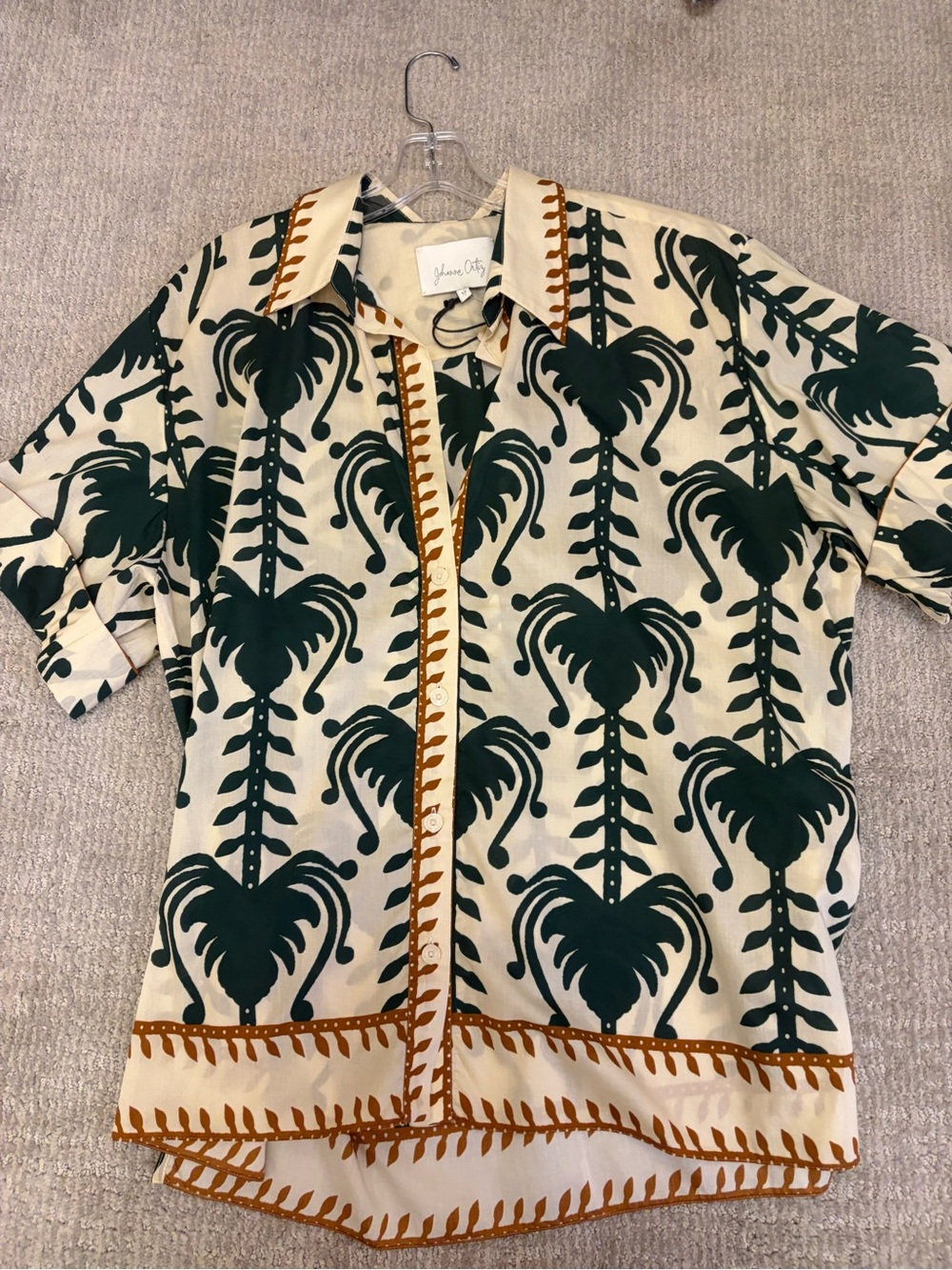 Johanna Ortiz Cream Shirt with Forest Green & Brown Trim